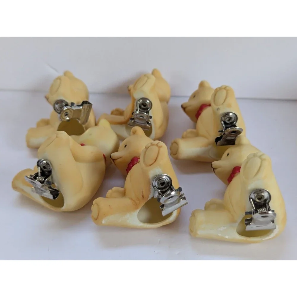 1980s Department 56 Teddy Bear Lite-Up Clip-On Bisque Ornaments Lot Of 6